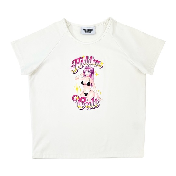 Hidden Cult White Anime Graphic Print Baby Tee T-Shirt sz L - Picture 1 of 5